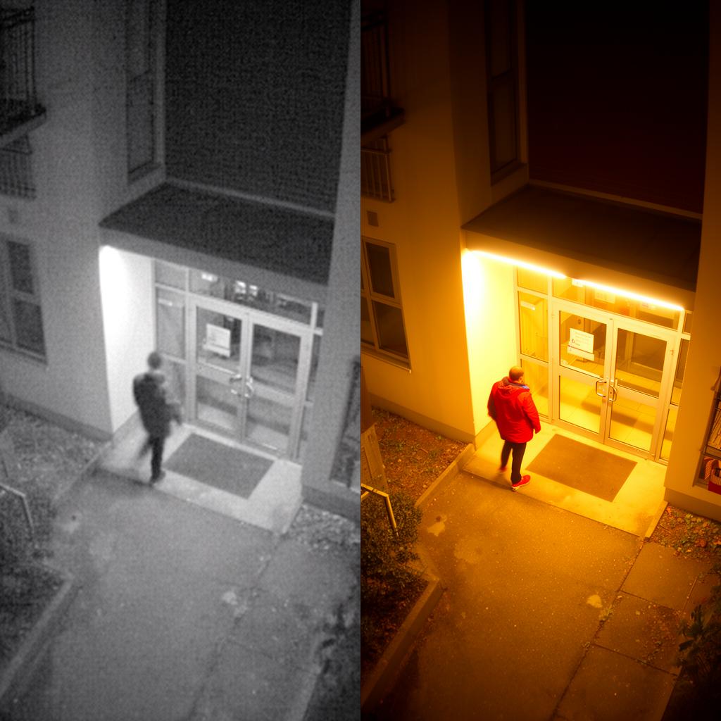 Srovnání běžného IR nočního vidění a barevného ColorVu záběru