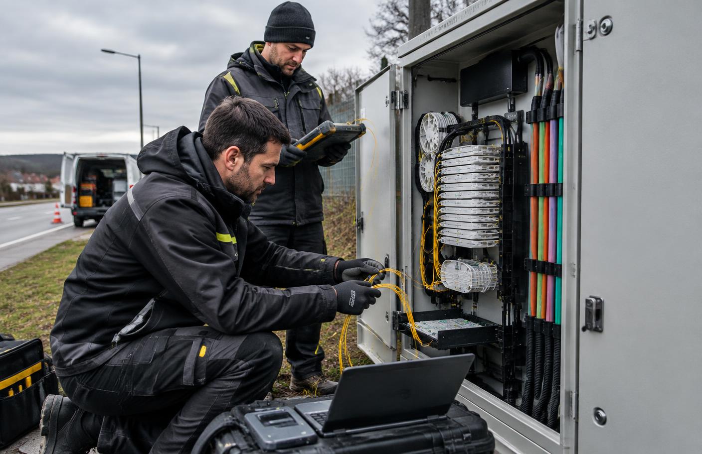 Technik RALKAM při práci na optické trase a rozvaděči