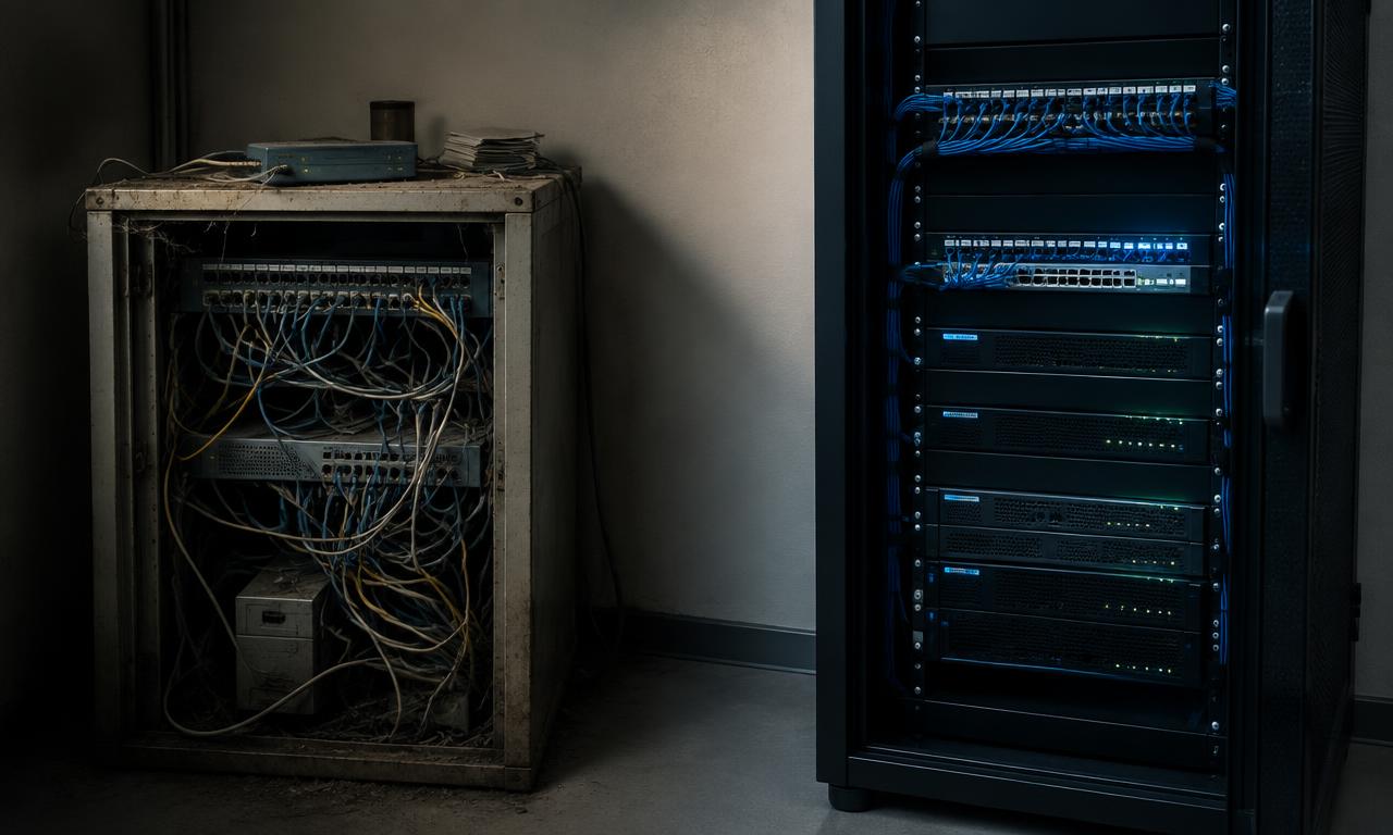 Srovnání starého neuspořádaného síťového rozvaděče a moderního uspořádaného racku