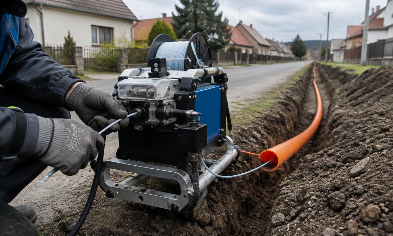Zafukovací stroj u výkopu s oranžovou chráničkou v obci